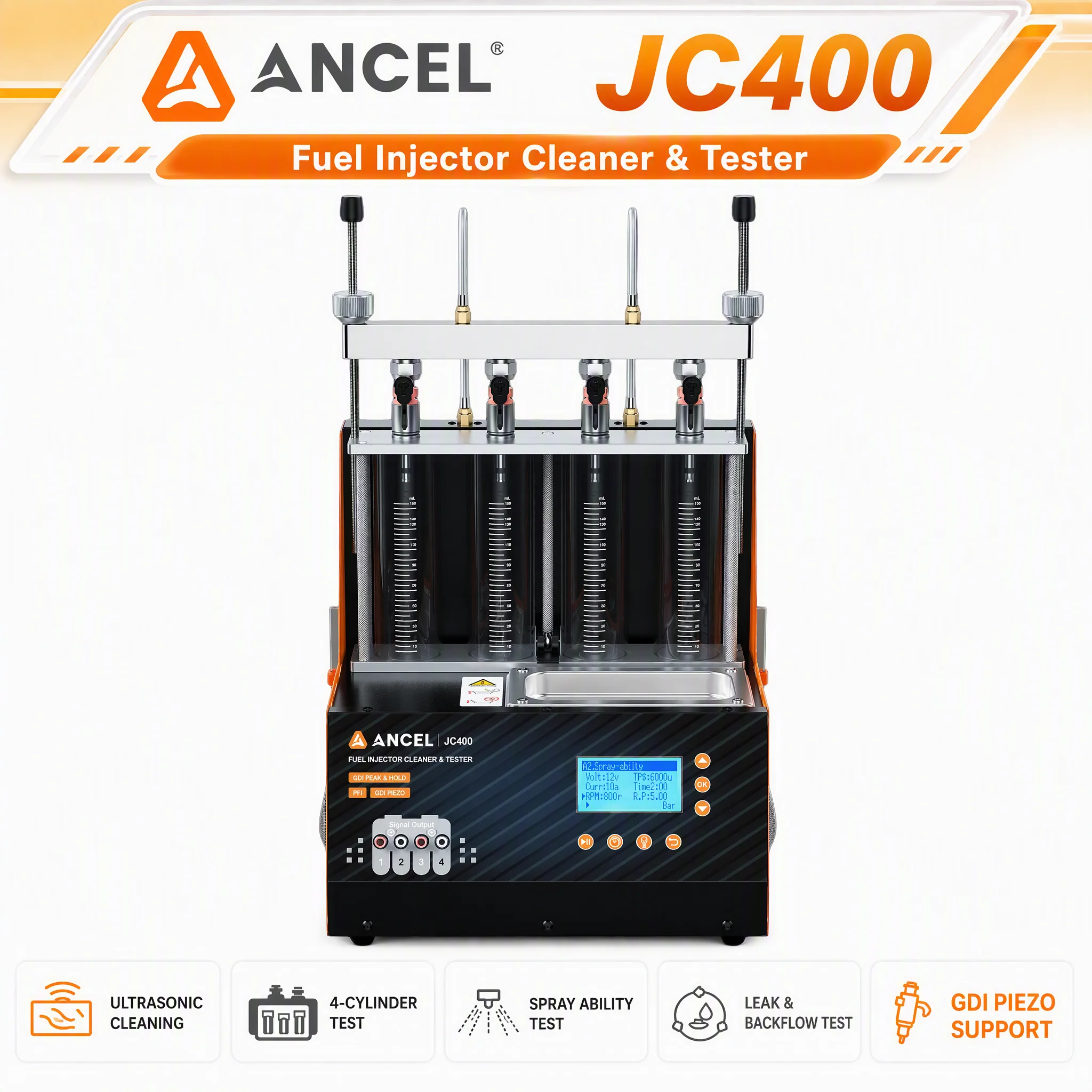 ANCEL JC400 Fuel Injector Tester Cleaner for PFI EFI GDI Piezo Nozzle 4 Cylinder  1-20 Bar Ultrasonic Cleaning Automotive Tool