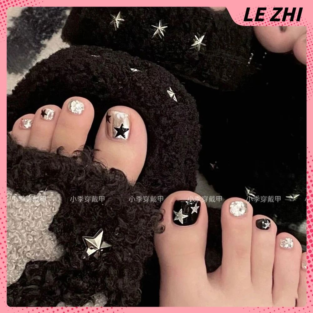 Handmade French Hello Kitty Toenail Diamond Flower Glitter Simple Bowknot Press On Toenails Art Full Cover Nails Stickers