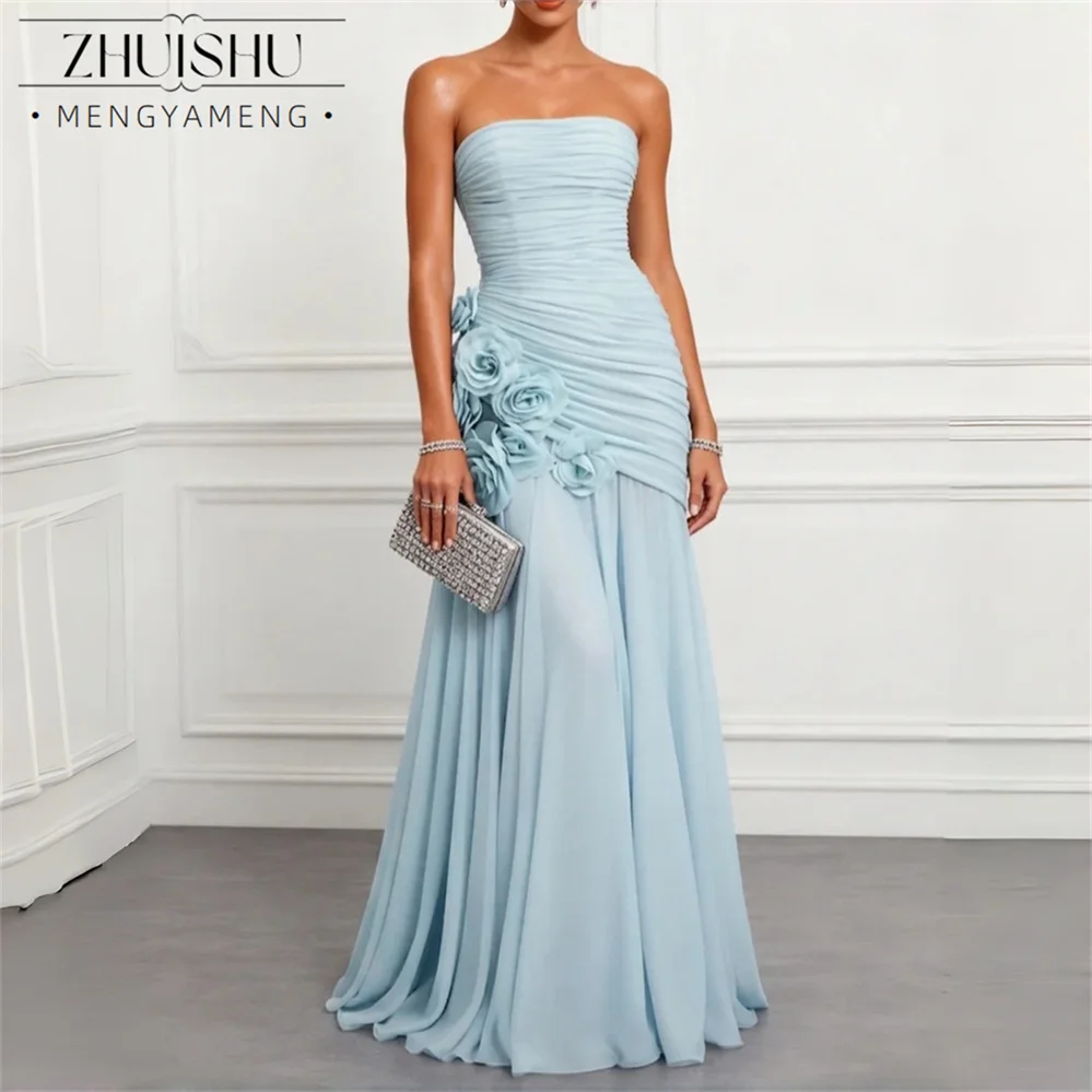 ZHUISHU Modern Chiffon Strapless Flowers Mermaid Evening Dress Pleat Sleeveless Lace-up Party Gown Robes De Soirée Customized image 3