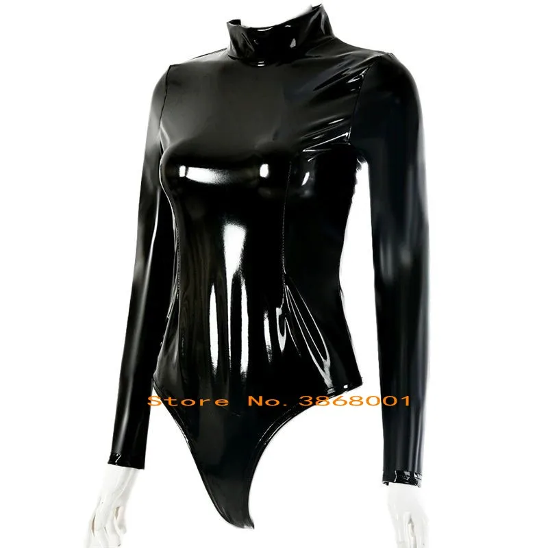 Fashion half bodysuit motorcycle mirror tight jumpsuit Latex ammonia body shaping catsuit