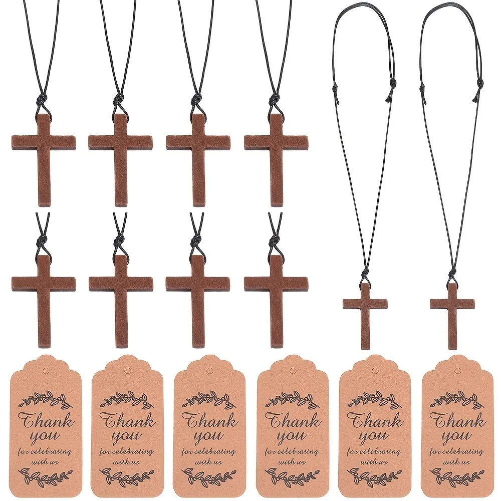 5-50 Ensembles de Colliers Croix en Bois avec Carte de Remerciement, Style Rétro Café Minimaliste Missionnaire pour Cadeaux de Mariage en Gros