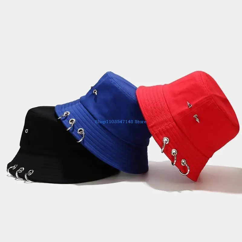P88B Women Men Harajuku Hip Hop Color Bucket Hat with Spiked Rivets 3 Metal Rings Outdoor Wide Brim Sunscreen Fisherman