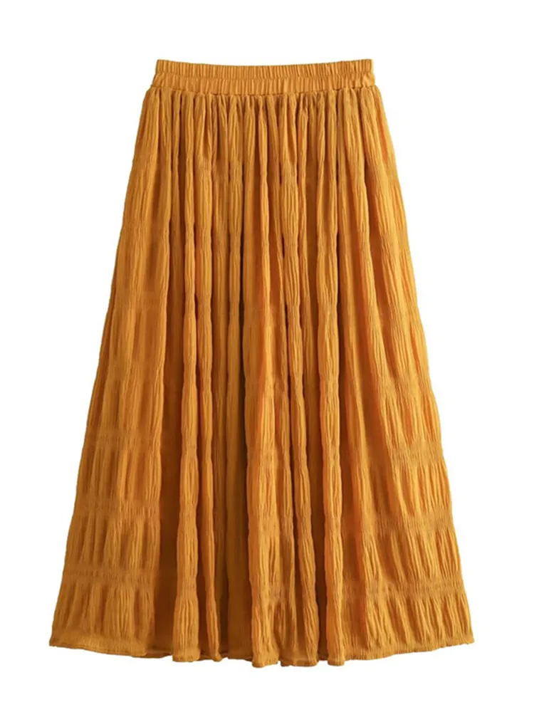 Women's Skirt Loose Skirt With Elastic Waist, Solid Color And Natural Pleated Texture Lined Letter A Shape Large Bottoming Skirt