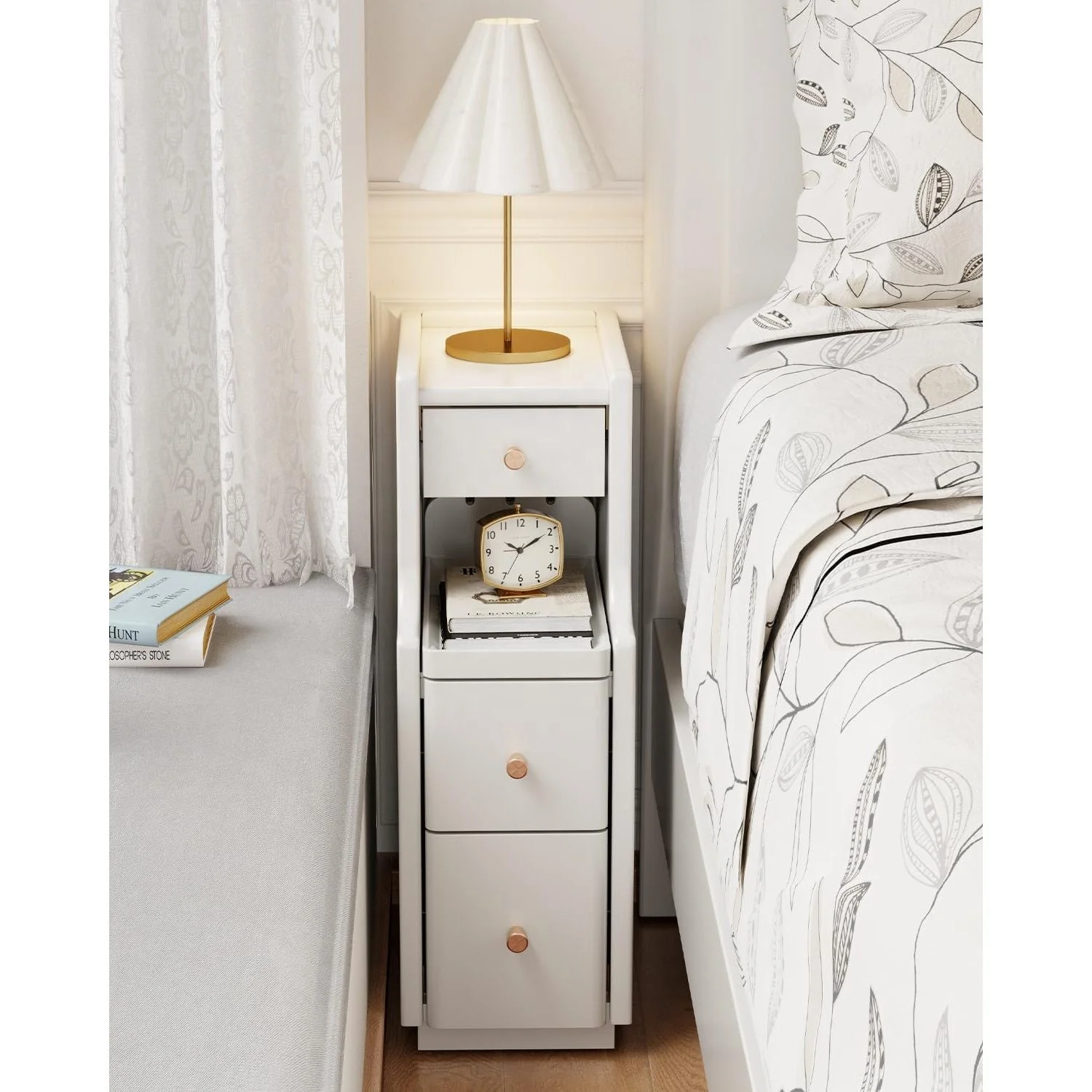 Modern Midcentury Modern White Solid Wood 2-Drawer Narrow Nightstand for Bedroom Fully Assembled for Apartment Use CTG035