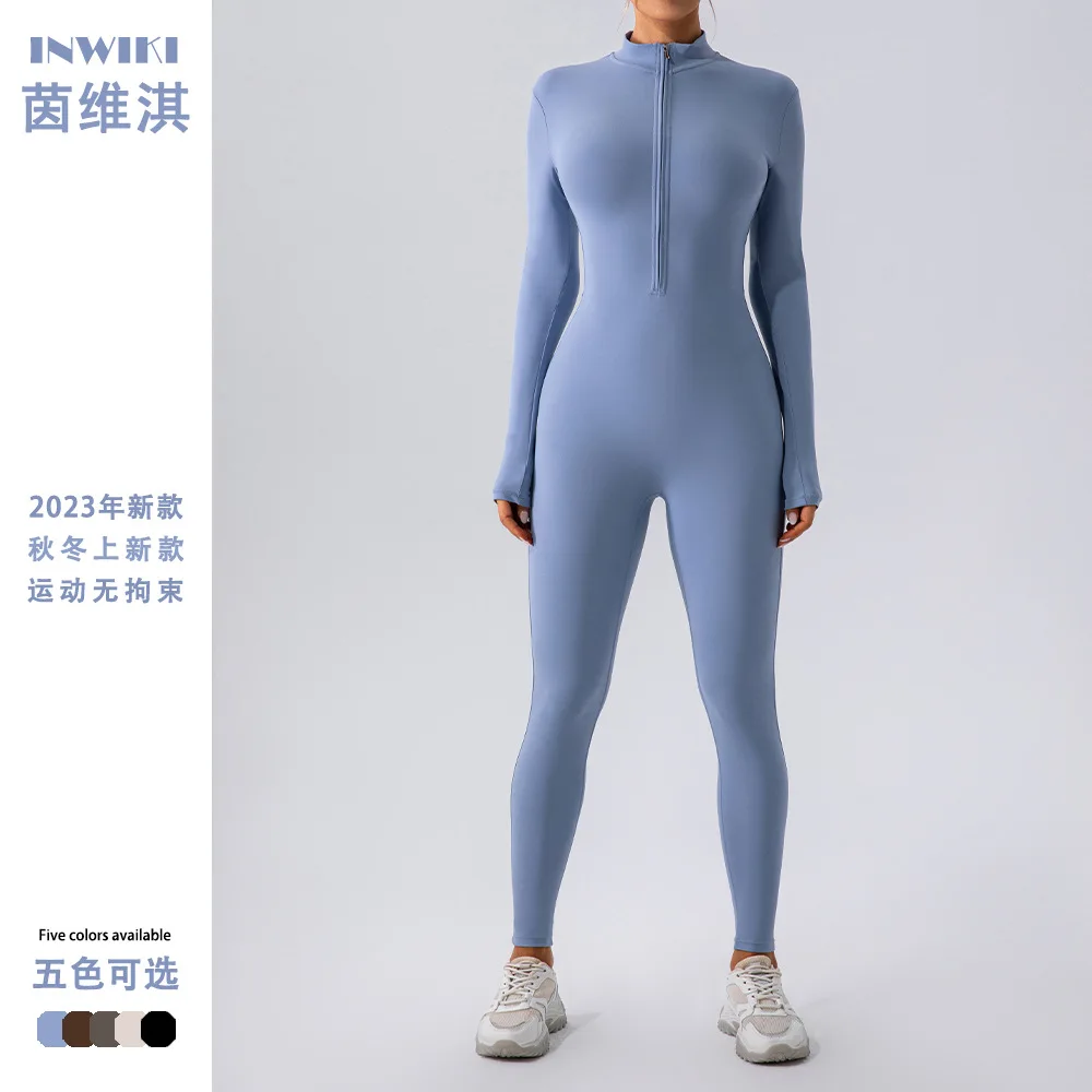 Winter Autumn Women's One-piece Yoga Jumpsuit leggings Long-sleeved Warm ski Overalls Outerwear High Elastic Cycling Bodysuit