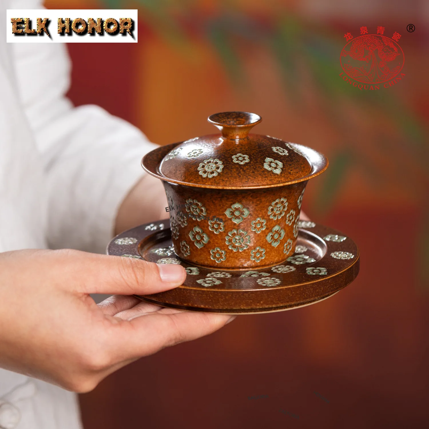 140ml Handmade Po-phase Flowers Celadon Gaiwan Aesthetic Tea Tureen Tea Bowl with Lid Kit Tea Maker Cover Bowl Cafes Collection
