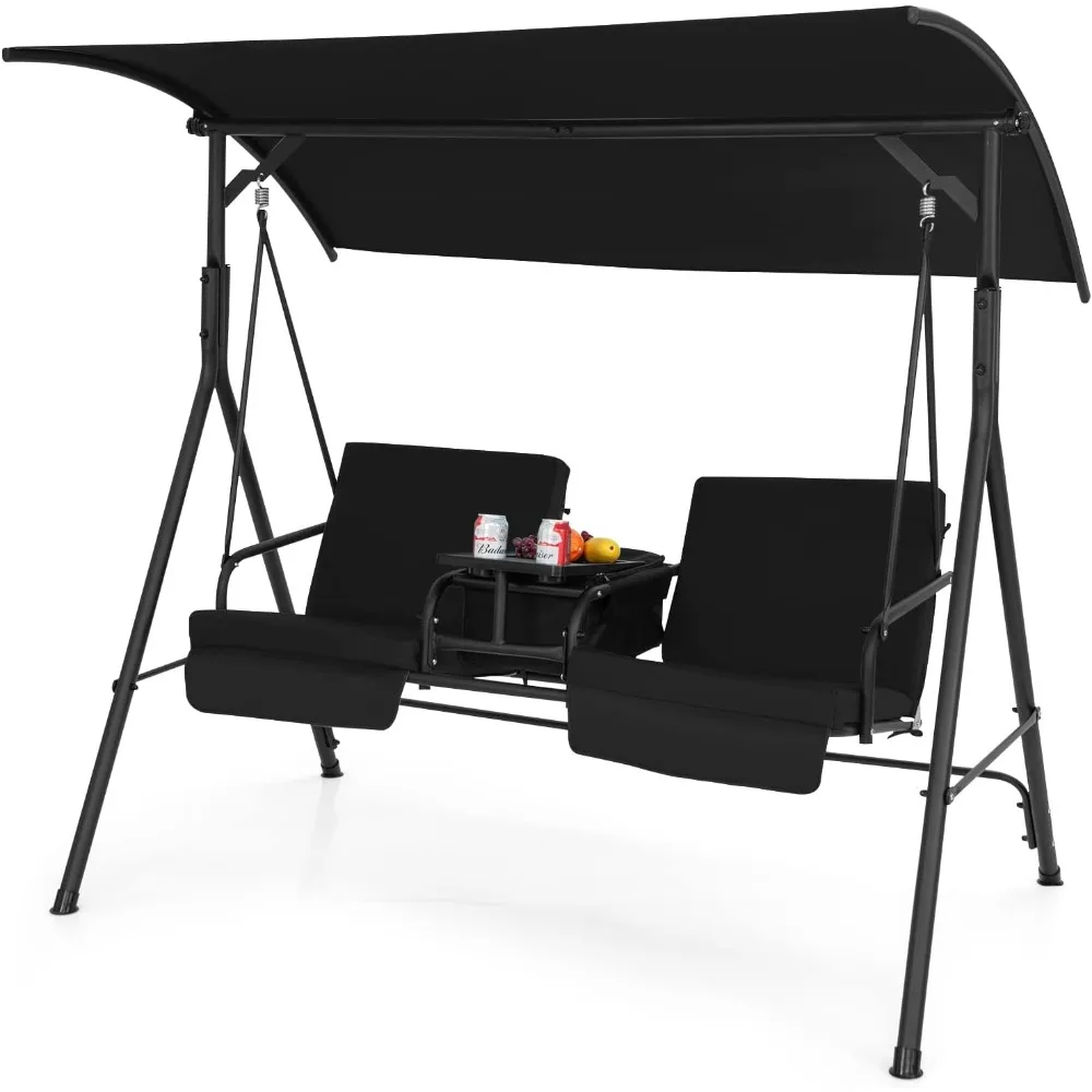 

2 Person Porch Swing, Outdoor Swing with Pivot Storage Table, Cooler Bag, 2 Cup Holders, Removable Cushions, Patio Swing with C