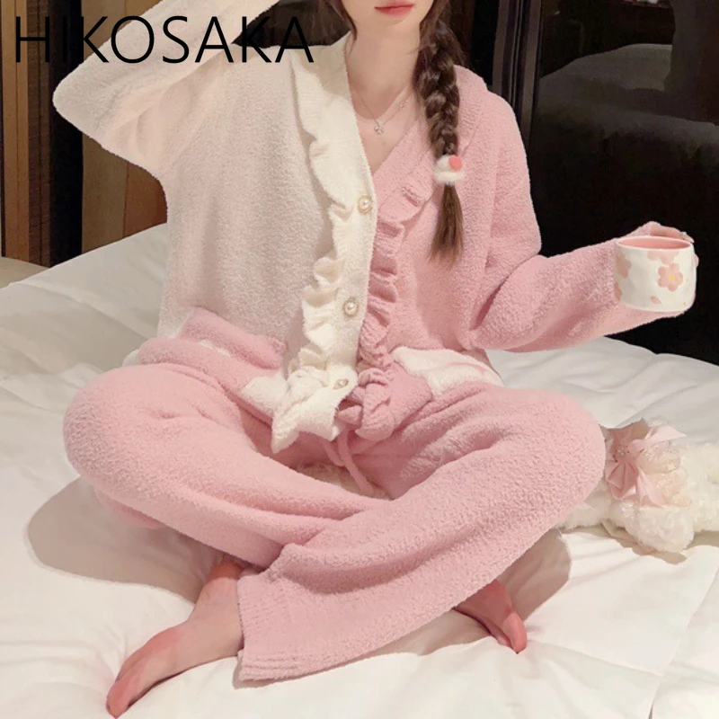 V Neck Long Sleeve Fungus Loose Pajamas Soft Single Breasted Lovely Panelled Homewear Japan Style Pocket Sweet Pajama Sets