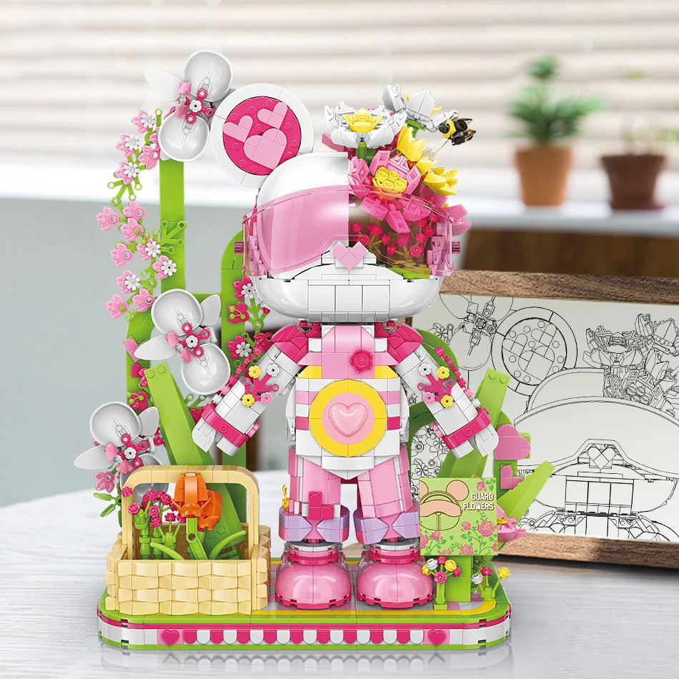 2321pcs+ Cute Pink Mechanics Bear Building Blocks Assembly Cartoon Flower Bear Model Brick Figures Collection Toys For Kids Gift