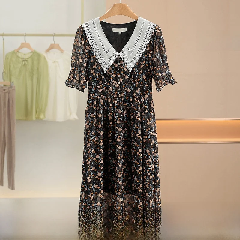 Bloemenprint Dr Knop Front Pop Kraag Zomer Nieuwe Collectie Merk Dameskleding Zachte Sle Polyestervezel Midi Dr