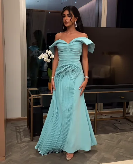 Ruffle Elegant Prom Dresses Gala Shawl Scoop Neckline Evening Party Dress Saudi Arabia Blue Dress For Special Events Customized