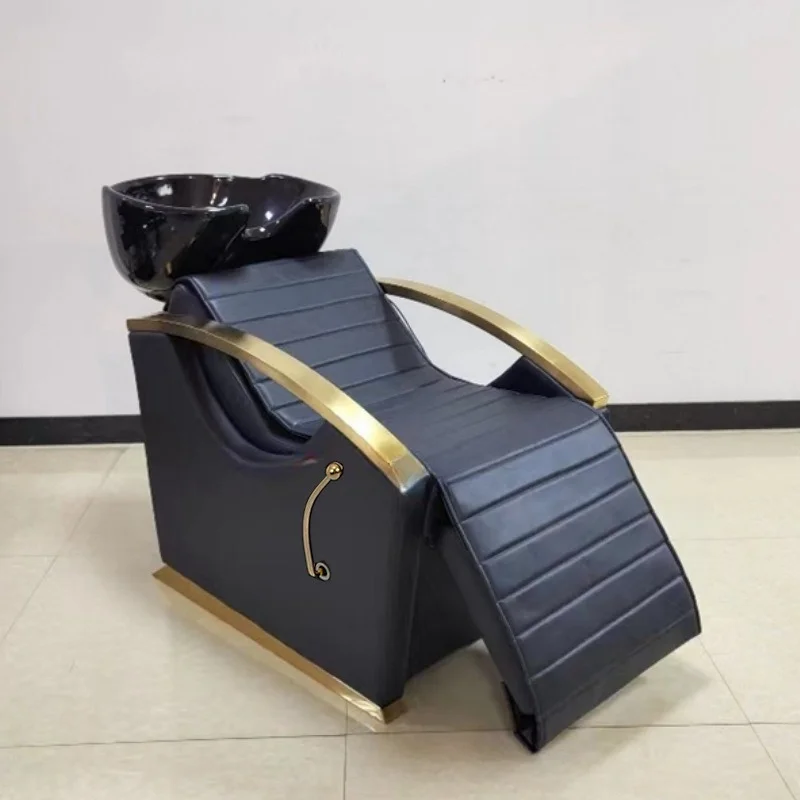 !@！@Modern Durable Luxury Salon Barber Shampoo Chair with Adjustable Footrest High-Density Sponge Ceramic Basin