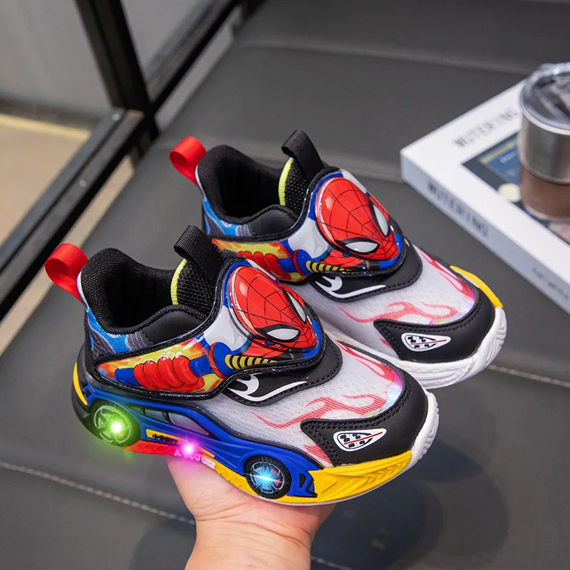 

Children's Shoes Fashion Cartoon LED Lights Spiderman Sneakers for Boys Breathable Sport Anti-slip Student Shoes Size 26-35
