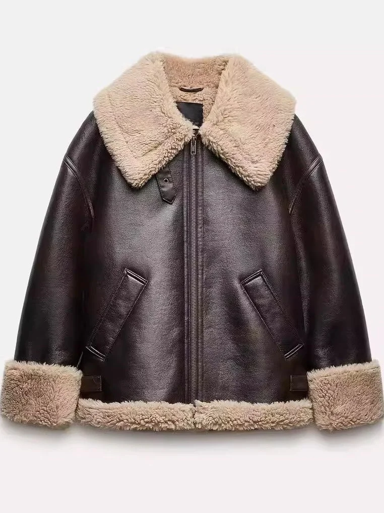 على الوجهين دراجة نارية Sle Jaet معطف تخفيف سلسلة وهمية الفراء ياقة جلدية المرأة فضفاضة تناسب طويلة Sve سستة لون نقي