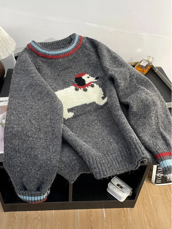 

Sweet Stylish Dog round Neck Knit Sweater Women's Loose Thickened Autumn Winter Color Easy-to-wear Soft Polyester Fiber