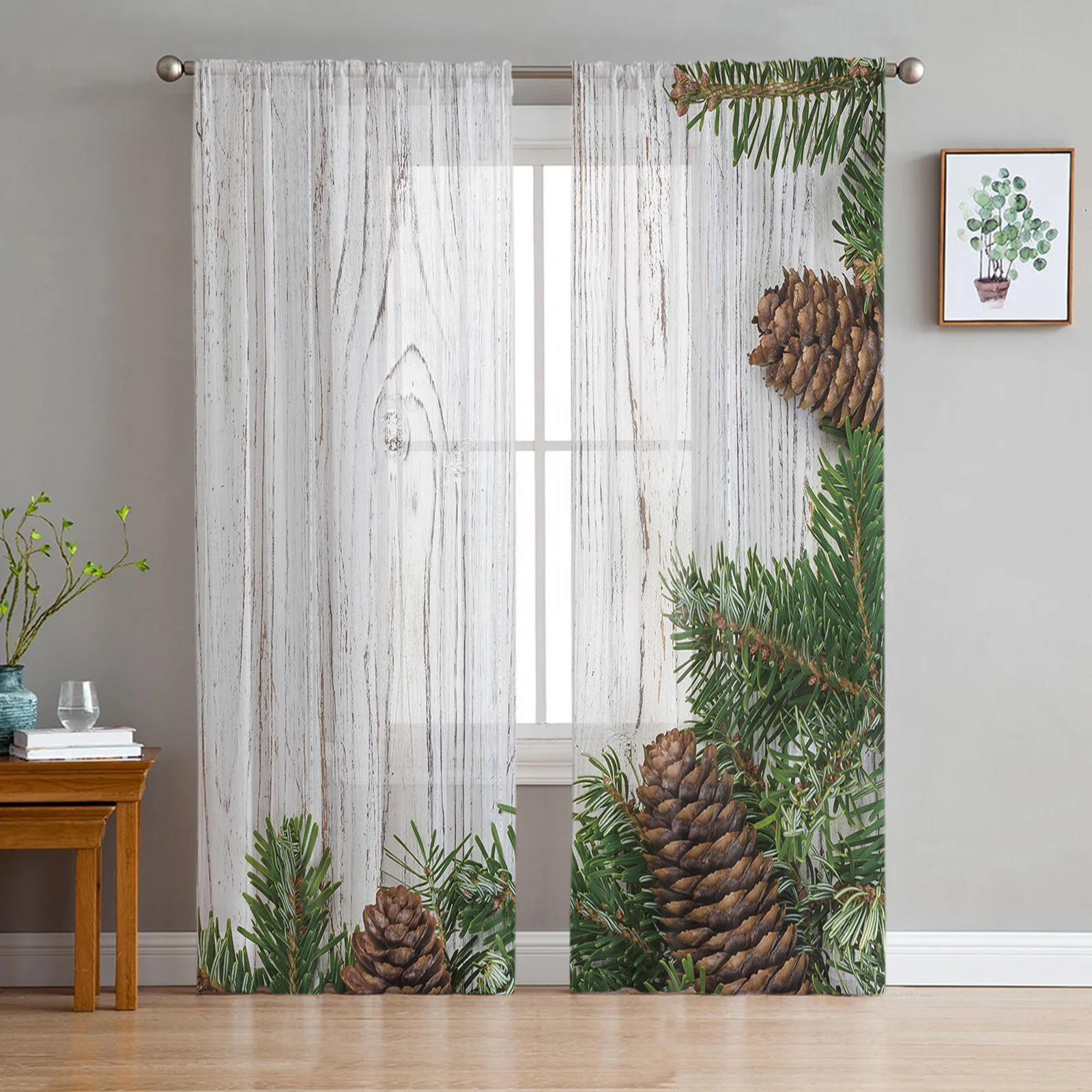 Wood Texture Pine Tree Window Treatment Tulle Modern Sheer Curtains for Kitchen Living Room Bedroom Curtains Decor