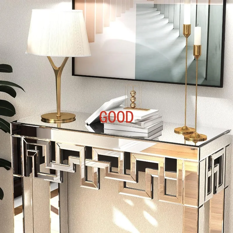 Silver Console Table with Mirrored Finished, Modern Glass Entryway Table Geometric Design, 32 inches Wide