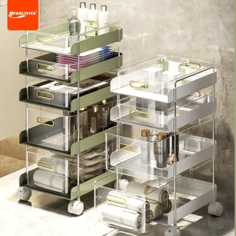 Aoliviya Multi-Layer Heightened Transparent Amber Desktop Gap Beauty Salon Trolley Mobile Metal Storage Rack Storage Drawer Type