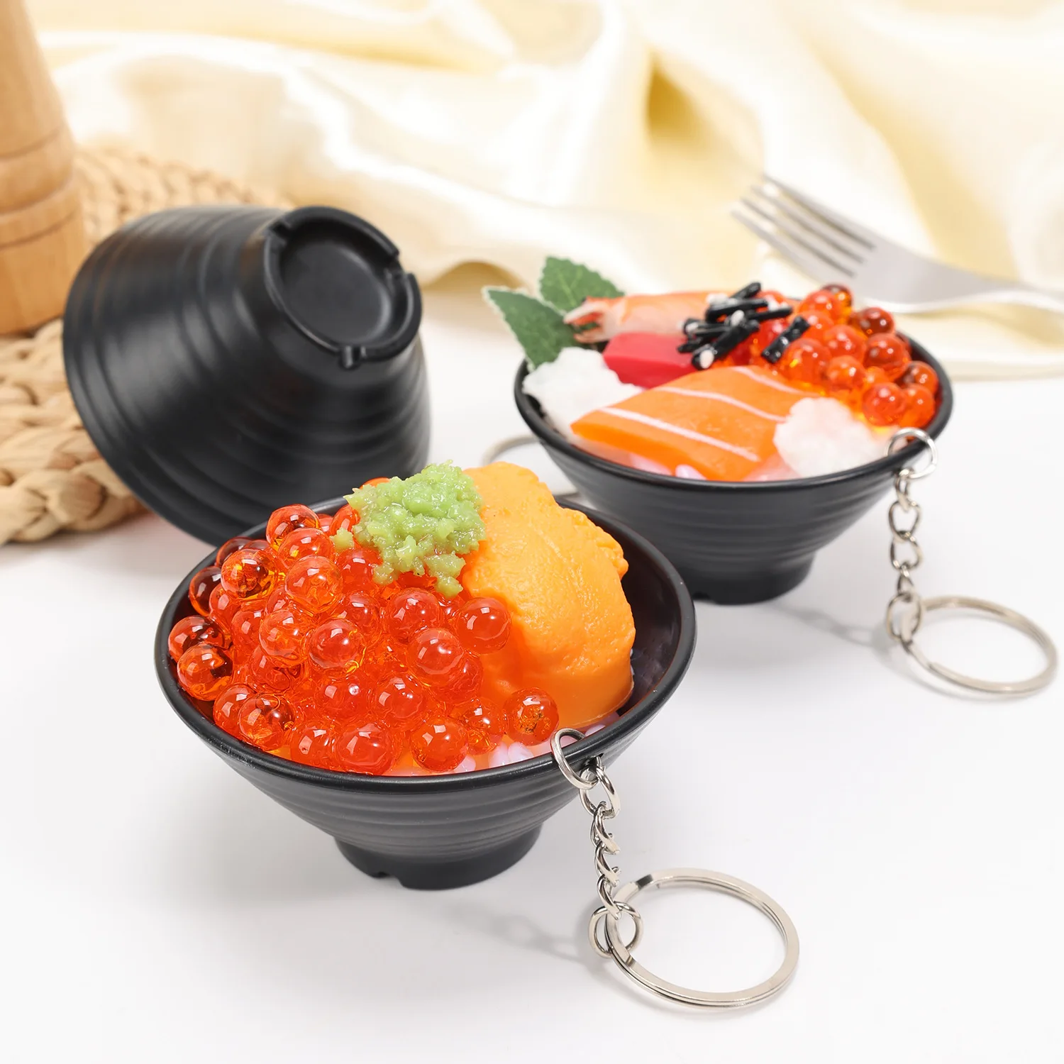 Mini Japanese Sushi Donburi Rice Bowl Keychain Fake Food Sashimi Beef Eel Rice Simulation Pendant Realistic Desktop Decoration