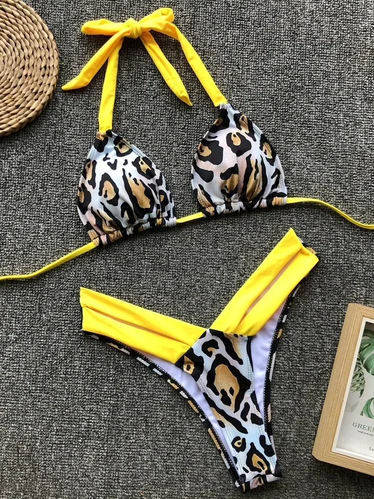 

Splicing Halter Leopard Thong Bikini Women Swimsuit Female Swimwear Two Pieces Bikini Set High Cut Bather Bathing Suit Swim Lady