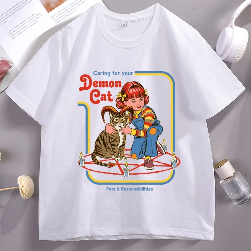 

Caring for Your Demon Cat Print T-shirt Men Women Cotton Short Sleeve T Shirt Casual Round Neck High Quality Tshirt Streetwear