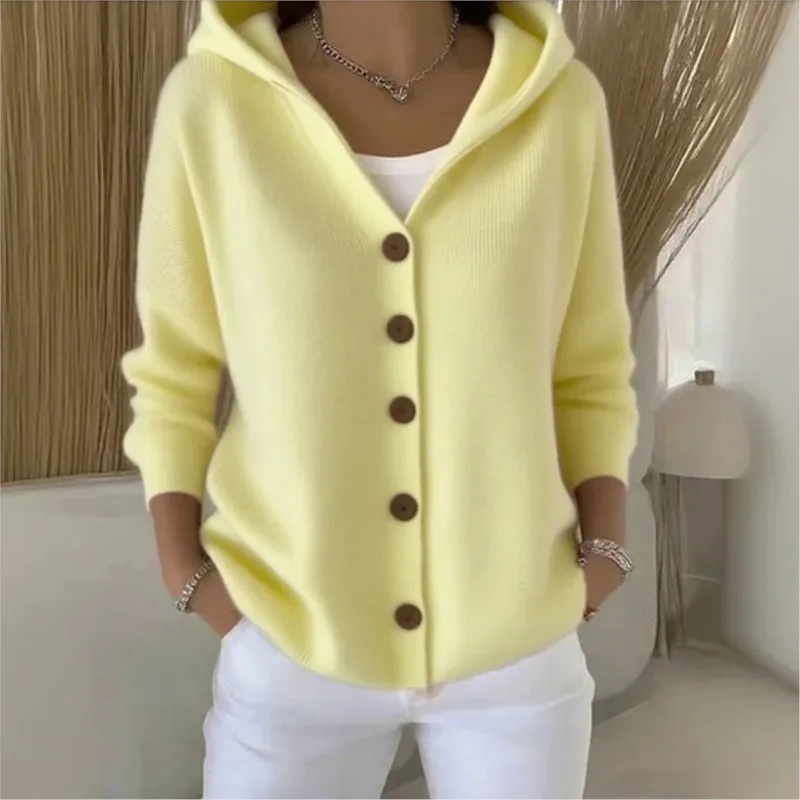 

Casual Fashionable Women's Clothing Pulls Femmes Solid Color Button Knit Hooded Sweater Cardigan Jacket For Autumn Winter New