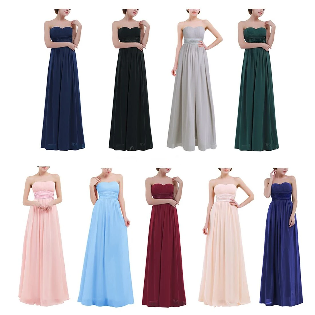 A Line Chiffon Strapless Pleat Floor Length Evening Bridesmaid Dresses Wedding Party Prom Homecoming Birthday Zipper Back