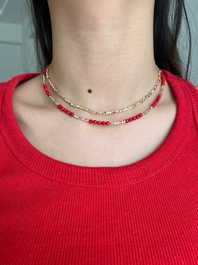 Chic coral stone necklace, gold plated shiny beads, red necklace, gift for her