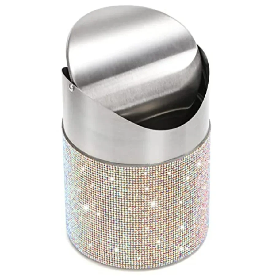 

Countertop Trash Can 1.5 Liter Bling Rhinestone Garbage Bin with Swing Lid for Home Office Vanity Tabletop Bedroom Bathroom Com