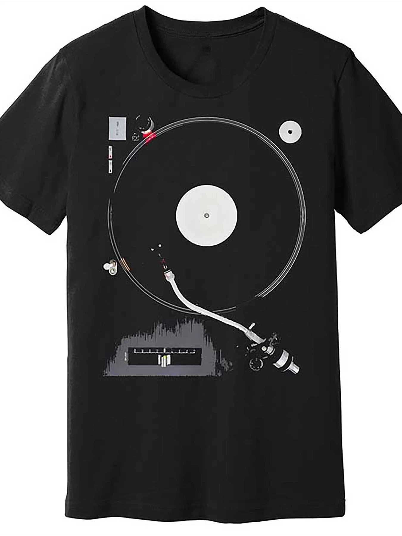 Casual Outing, Men's Vinyl Record Player Graphic T-Shirt Black Cotton Short Sleeve Men's T-shirts for Summer