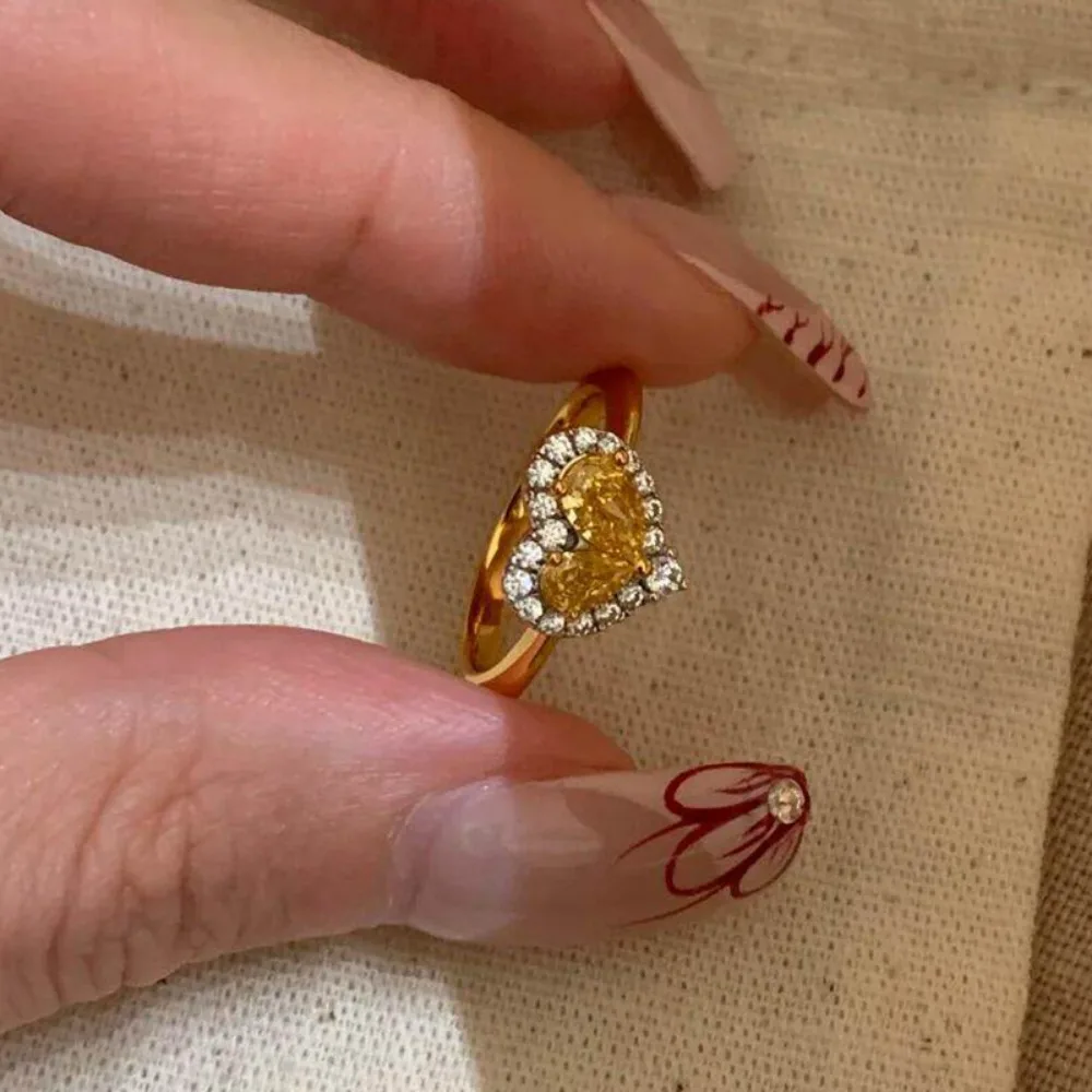 Luxury Shiny Zircon 925 Sterling Silver Heart Shape Yellow Crystal Opening Rings for Women Bride Wedding Jewelry Accessory Gift