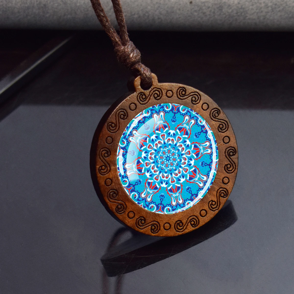 Mandala Pattern Buddhism Necklace Sacred Geometry Wood Pendant Necklace Meditation Reiki Jewelry