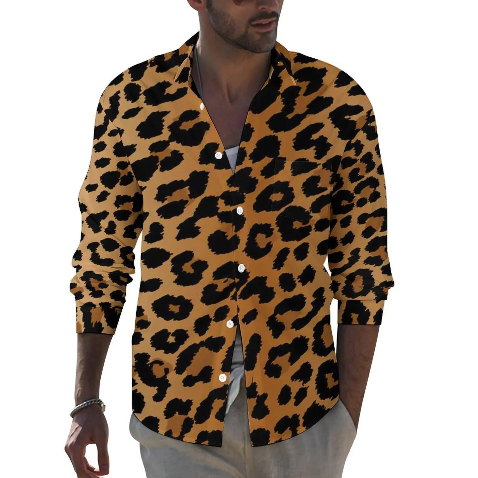 Leopard Shirt Autumn Classic Animal Spots Print Casual Shirts Mens Fashion Blouses Long Sleeve Design Street Style Clothes