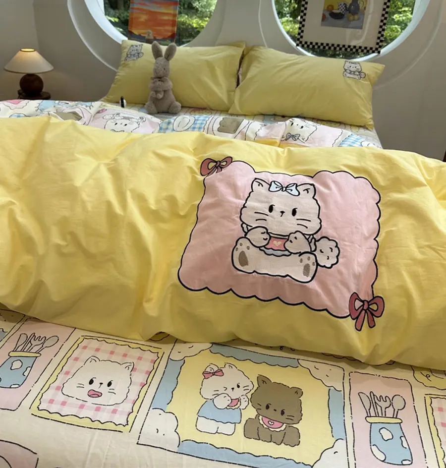 Cute cartoon cat yellow bedding set single double ,twin full queen lovely cotton home textile bed sheet pillow case quilt cover