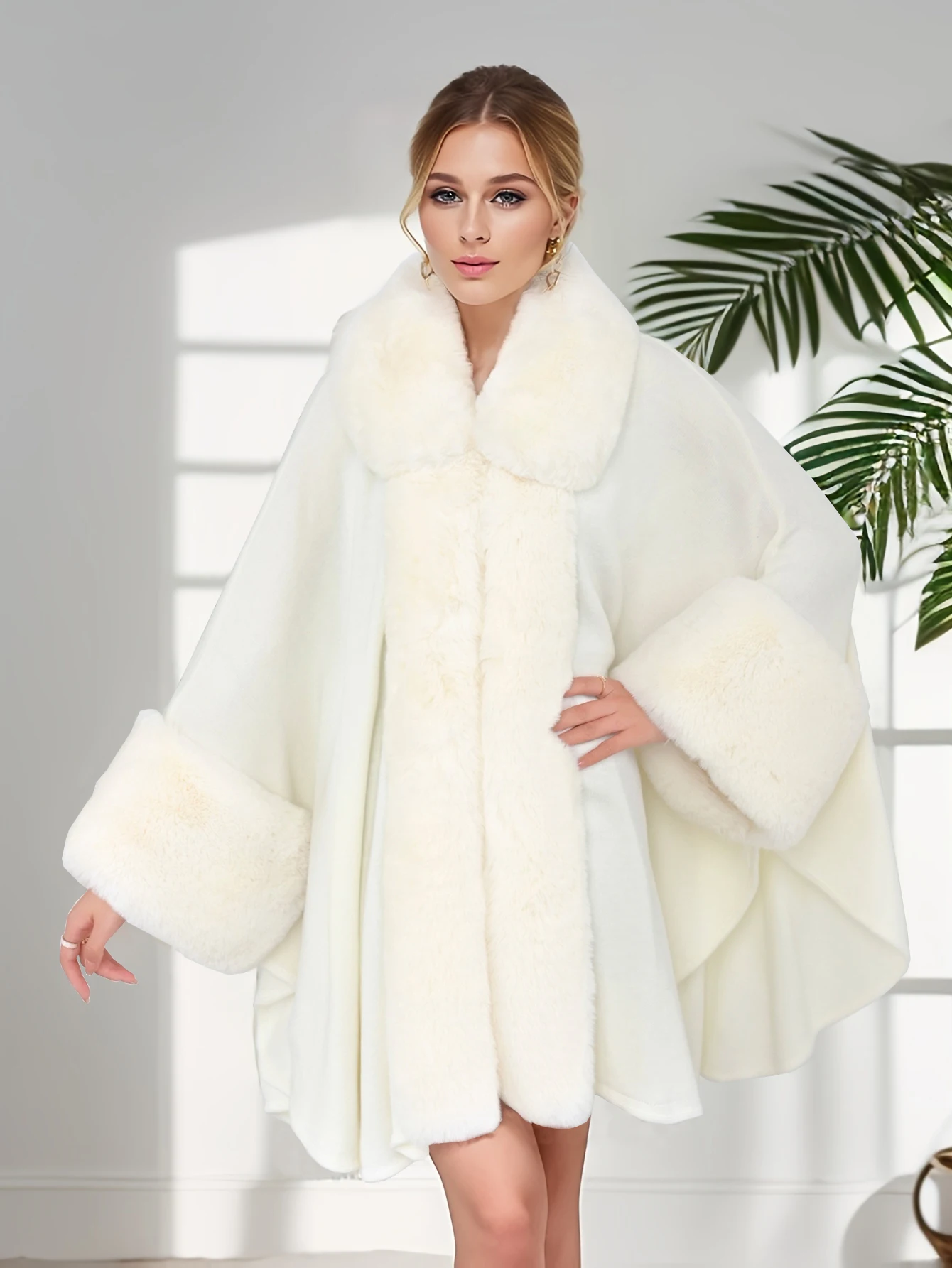 

Женская шаль из искусственного меха, накидка, новый откидной воротник, пряжка с крючком, вязаный тканевый плащ с широкими манжетами, накидка больших размеров средней длины