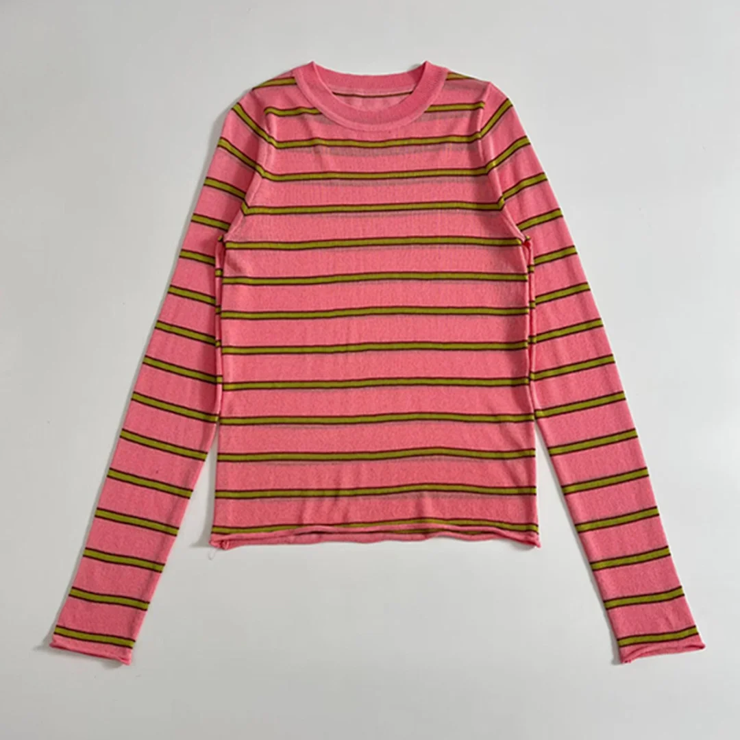 

Jenny&Dave Minimalist Color Striped Round Neck Long Sleeved T-shirt Women Tops Women's Sweater Knitwear Woman Clothing
