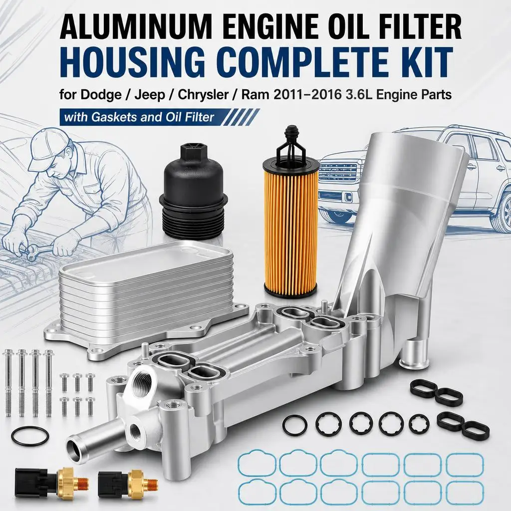 Komplettes Set aus Aluminium-Motorölfiltergehäuse, für Dodge, für Jeep, für Chrysler, Ram, Modelljahre 2011–2016, 3,6-Liter-Motorteile, mit Dichtungen und Ölfilter.