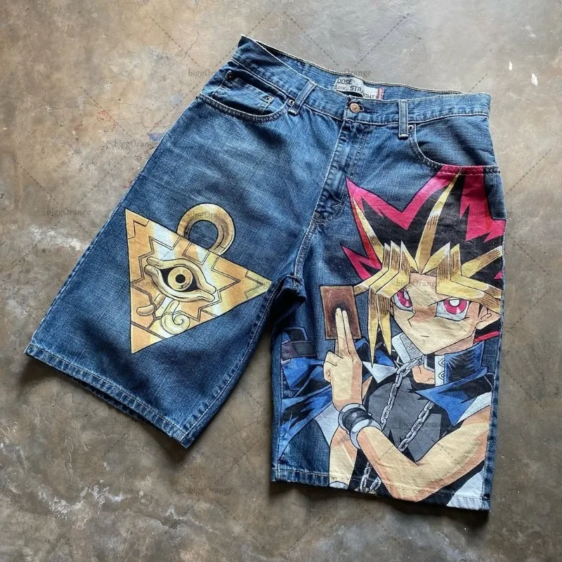 Ropa de calle de moda Retro americana Y2K Harajuku pantalones cortos vaqueros con estampado de Anime hombres gótico Punk Hip-hop pantalones rectos informales sueltos