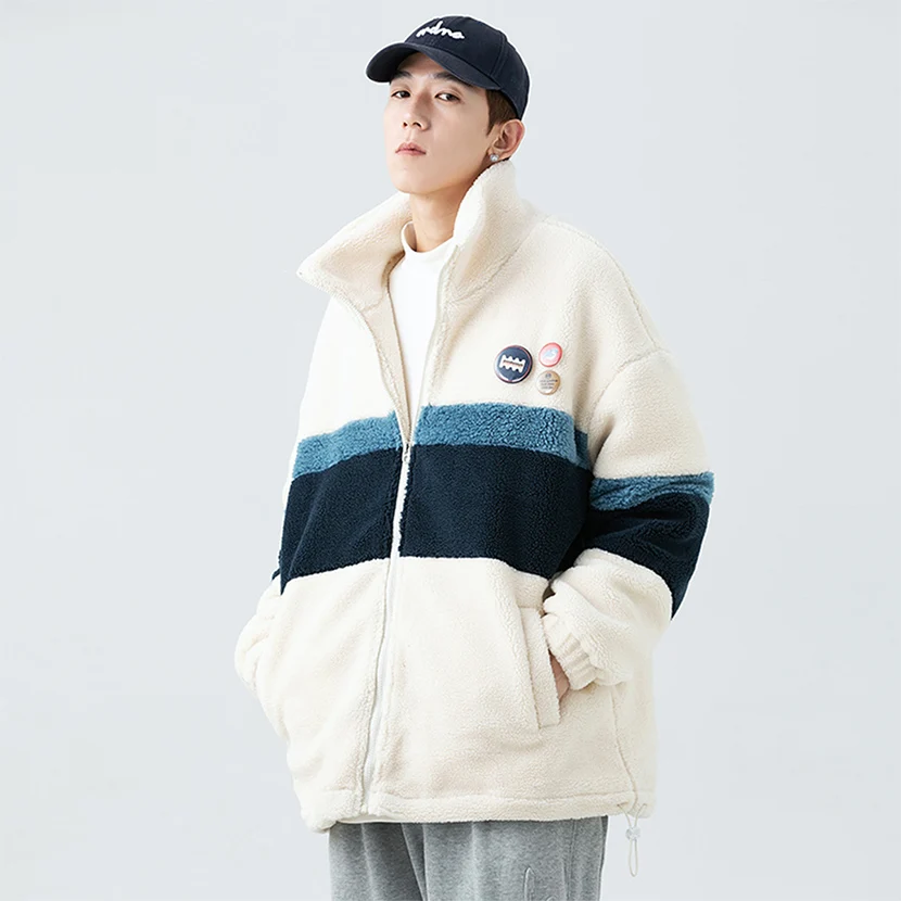 

Men's Cotton Jaet Winter New Sle Fce Lined Thi Warm Loose Stand Collar Trendy Brand Lamb Velvet Top Casual Wear