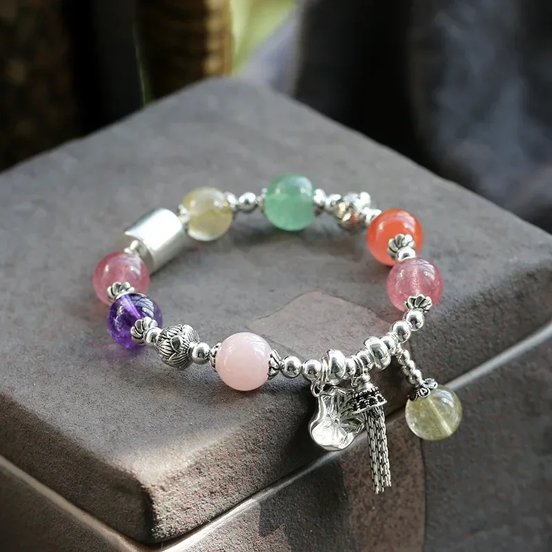 

Multicolored Colorful Rutilated Quartz Strawberry Quartz Bead Bracelet Tassel 925 Silver Lotus Healing Stone Jewelry For Women