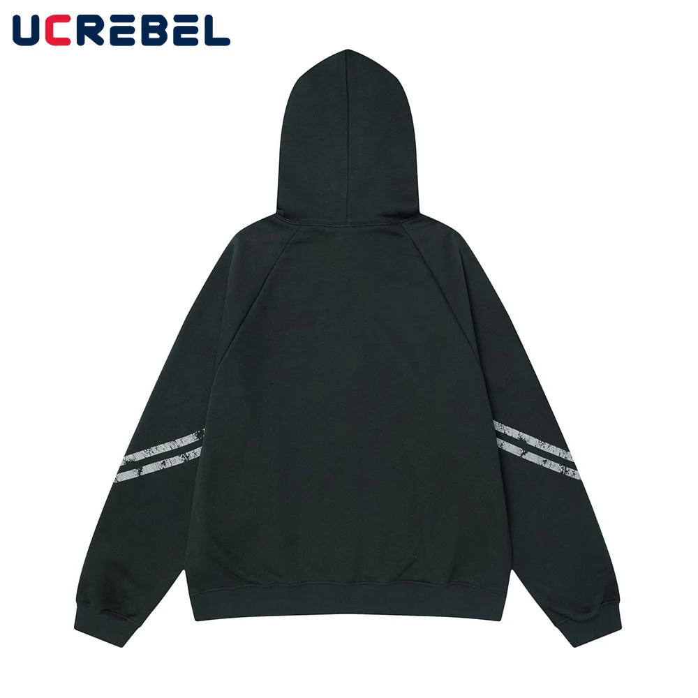 Double-sided Printed Hooded Sweatshirts Mens Washed Distressed High Street Autumn Winter Fleece Long Sleeve Loose Hoodies Men