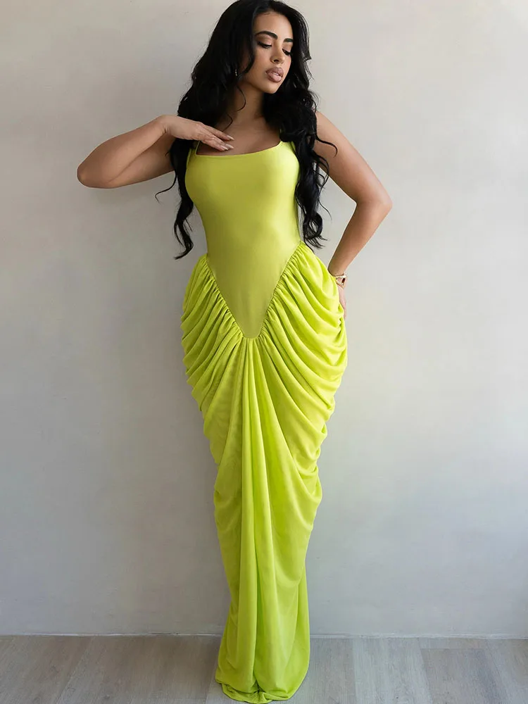 Doyerl Solid Prom Club Party Birthday Dresses Woman Elegant Tank Square Collar Chiffon Patchwork Bodycon Maxi Dress Robe Femme
