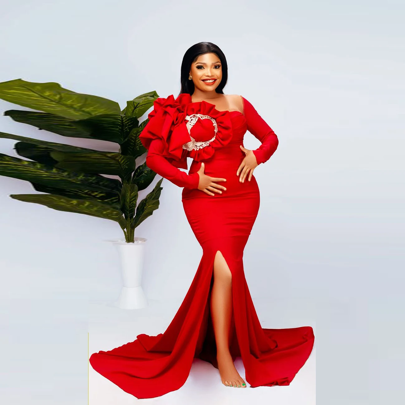 

Red Aso Ebi Mermaid Prom Dresses Ruched Satin Long Sleeves High Split Evening Gowns Sweep Train Women Formal Party Dress