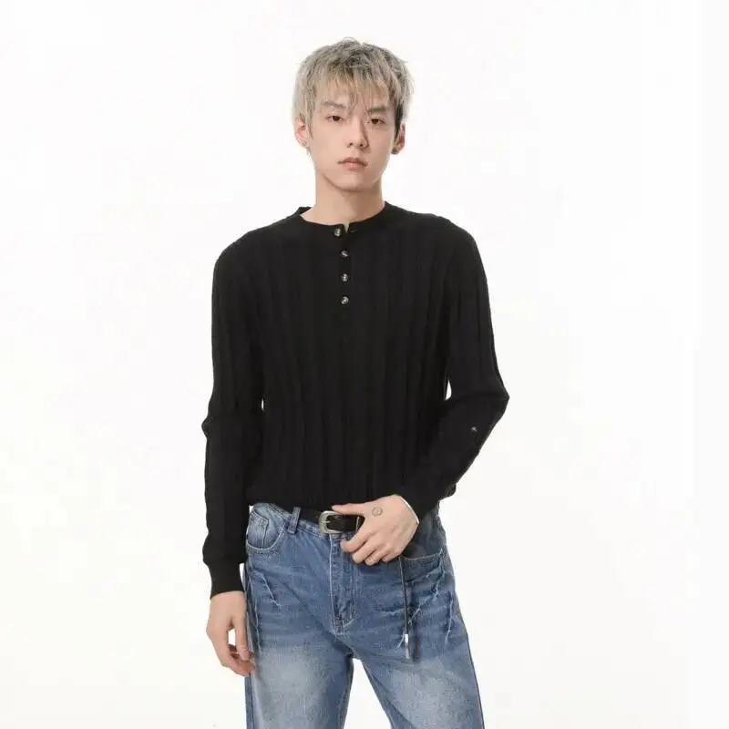 

Осень 2024, простые мужские свитера, однотонные пуловеры с пуговицами и круглым воротником, вязаный топ, свободная мужская одежда