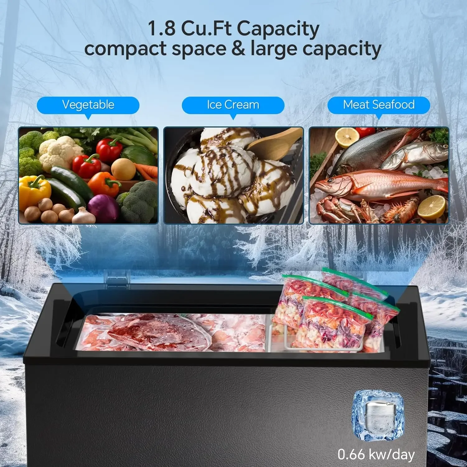 1.8 Cubic Feet Chest Freezer with Removable Basket Free Standing Top open Door Compact Freezer with Adjustable Temperature