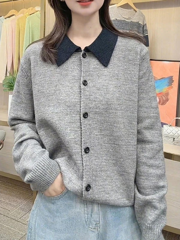 

Женский вязаный кардиган с воротником, свободный крой, весенний, больших размеров, комфортный, стройнящий, на пуговицах, топ