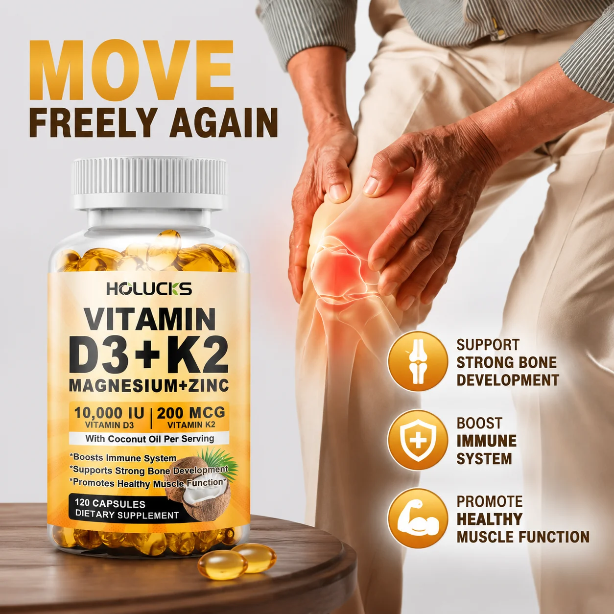 10000IU Vitamin D3 + 200 MCG Vitamin K2 Supplement, for Bone, Joint, Teeth, Muscle and Immune Health, Daily Energy for Adults