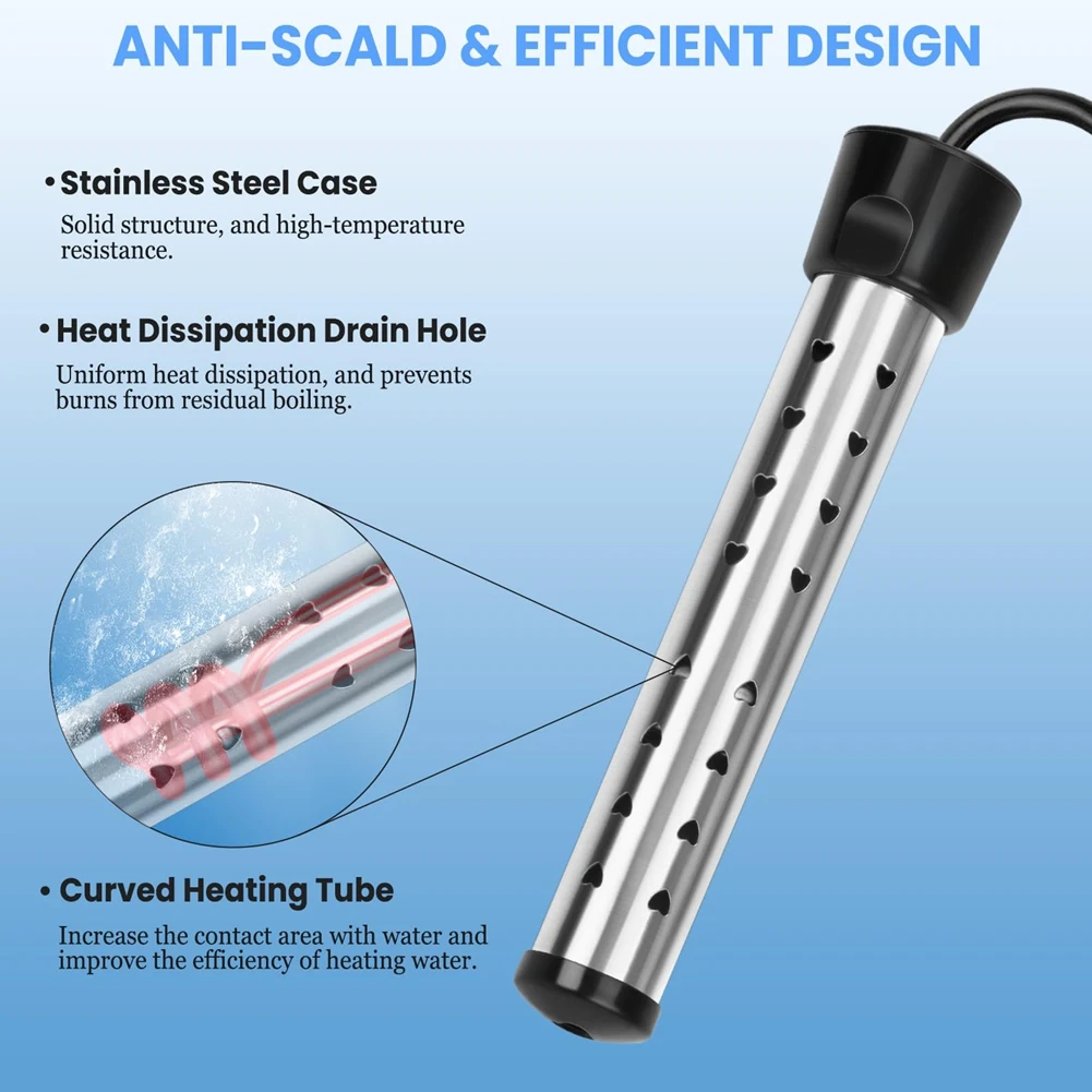 Calentador de agua de inmersión en caliente, calentador de cubo portátil de 1500W con protector de acero inoxidable 304, calentador de agua eléctrico con enchufe estadounidense