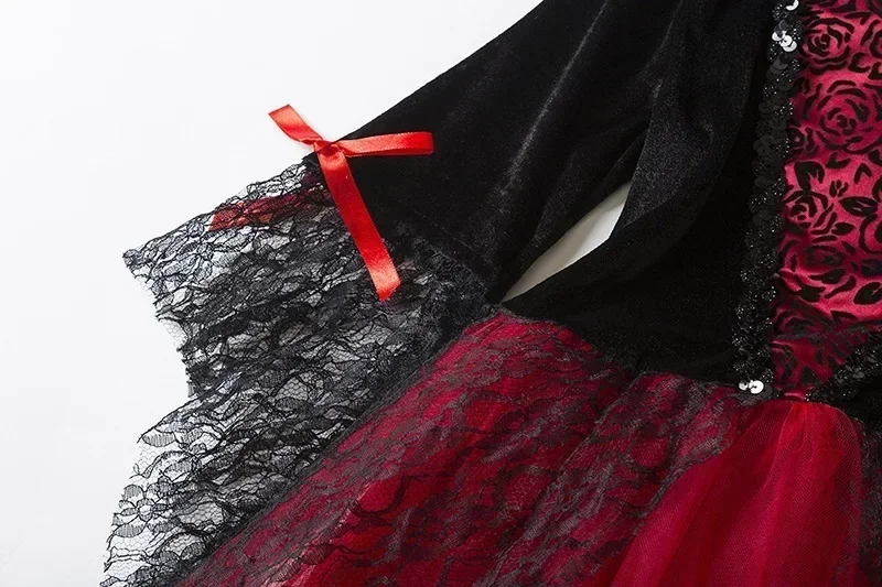 Mädchen Halloween Rollenspiel Kostüm Kinder Gothic Rot Schwarz Cosplay Kostüm mit Handschuhen und Strümpfen für Karneval Geburtstagsfeier – Detail 6