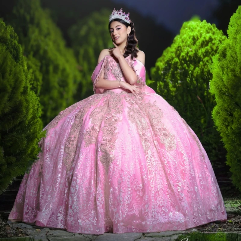 

Pink Shiny Quinceanera Dresses Ball Gown Off Shoulder Applique Flower Beading Crystal Birthday Payty Sweet 16 Dress Vestidos 15